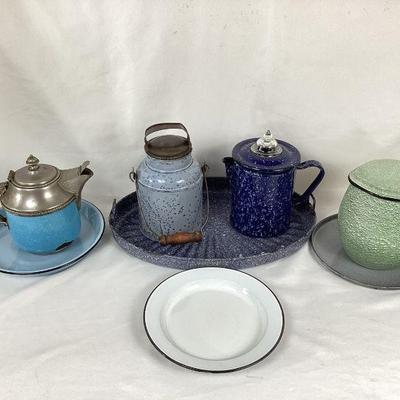 JIFI119 Granite Enamelware Assortment	This is an assortment of vintage and antique granite enamel ware. Includes 2 coffee pots, a water...