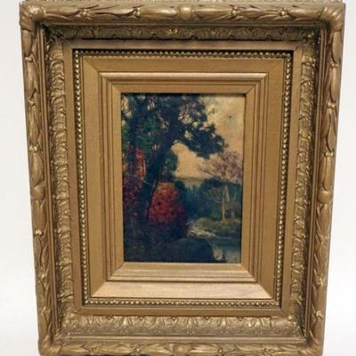 1044	ANTIQUE OIL PAINTING ON BOARD, LANSCAPE, UNSIGNED, APPROXIMATELY 13 IN X 15 IN OVERALL
