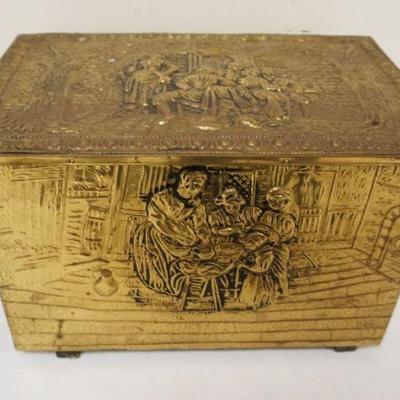 1284	SMALL ENGLISH BRASS EMBOSSED KINDLING BOX, APPROXIMATELY 17 IN X 11 IN X 11 IN HIGH
