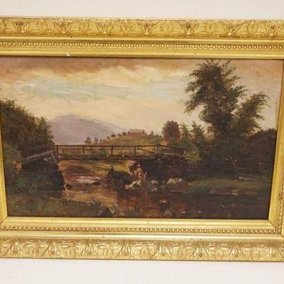 1004	OIL PAINTING ON CANVAS MAN FISHING IN STREAM IN GILT FRAME, SIGNED ON BACK CORNELIUS DANFORTH, APPROXIMATELY 14 IN X 11 1/2 IN
