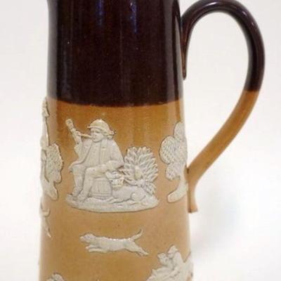 1092	DOULTON ENGLAND PITCHER WITH METAL LID, APPROXIMATELY 8 1/2 IN H, WIT EMBOSED TAVERN SCENES
