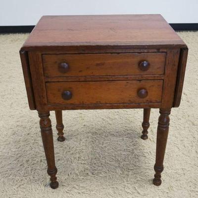 1196	ANTIQUE CHERRY COUNTRY 2 DRAWER STAND ON TURNED LEGS WITH FLIP TOP SIDES, APPROXIMATELY OPEN 42 IN X 17 IN X 28 IN H, CLOSED 23 IN X...