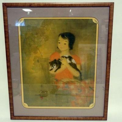 1241	ASIAN ART, YOUNG GIRL HOLDING CAT, ARTIST SIGNED, APPROXIMATELY 22 IN X 27 IN OVERALL
