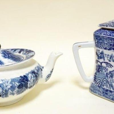 1105	BLUE AND WHITE TRANSFER TEA POTS, 1 WOOD & SONS ENOCH WOODS ENGLAND, TALLEST APPROXIMATELY 8 1/2 IN J
