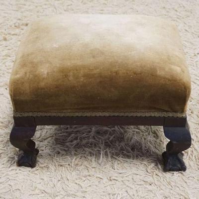 1202	MAHOGANY BALL AND CLAW FOOT UPHOLSTERED FOOT STOOL, APPROXIMATELY 15 IN X 12 IN X 10 IN
