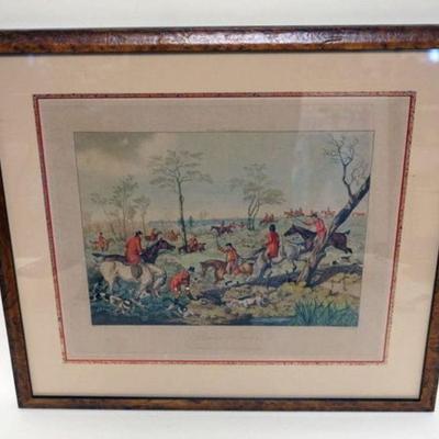 1106	SUTHERLAND SCULP FRAMED COLONEL ENGRAVING, HUNT SCENE *DRAWING A COVER*, APPROXIMATELY 19 IN X 21 IN OVERALL

