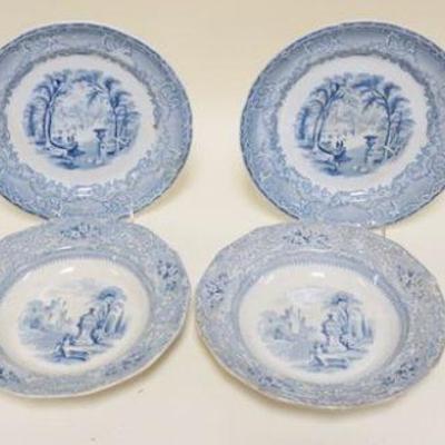 1027	LOT OF 6 BLUE AND WHITE TRANSFER PLATES AND BOWLS, APPROXIMATELY 9 1/2 IN
