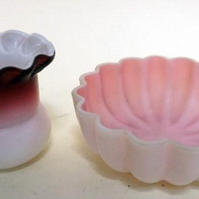 1149	2 PINK SATIN CASED GLASS SMALL BOWL AND TOOTH PICK, TALLEST APPROXIMATELY 2 1/2 IN 
