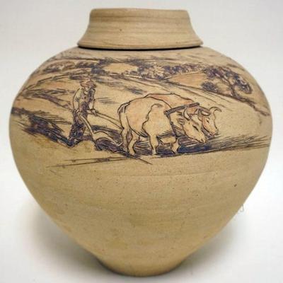 1160	ART POTTERY VASE WITH SCENE DEPICTING OX DRAWN PLOW WITH FARMER IN FIELDS, APPROXIMATELY 12 IN H, ARTIST SIGNED ON BOTTOM
