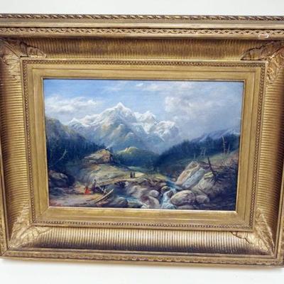1128	ANTIQUE OIL PAINTING ON CANVAS, MOUNTAIN SIDE, ARTIST SIGNED, APPROXIMATELY 17 IN X 21 IN OVERALL
