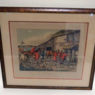 1107	SUTHERLAND SCULP FRAMED COLONEL ENGRAVING, HUNT SCENE *THE REFRESHMENT*, APPROXIMATELY 19 IN X 21 IN OVERALL
