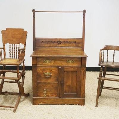 1301	GROUP OF ANTIQUE OAK INCLUDING WASHSTAND & 2 HIGH CHAIRS
