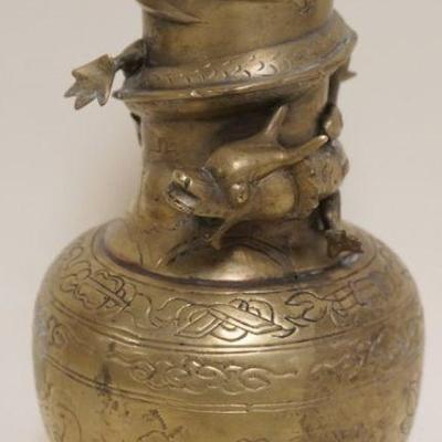 1152	BRASS ASIAN VASE WITH APPLIED DRAGON, CHARACTER MARKS ON BASE, DRILLED FOR A LAMP, APPROXIMATELY 9 1/2 IN 
