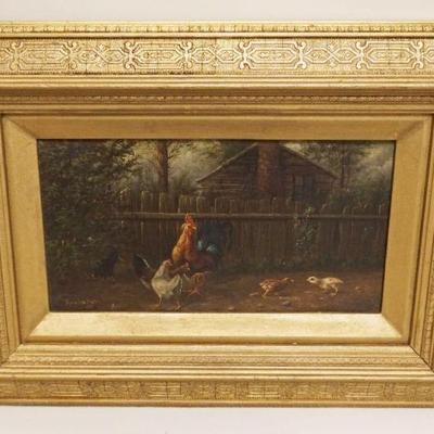 1007	ANTIQUE OIL PAINTING ON CANVAS OF CHICKENS & PEEPS, ARTIST SIGNED HOWARD HILL
