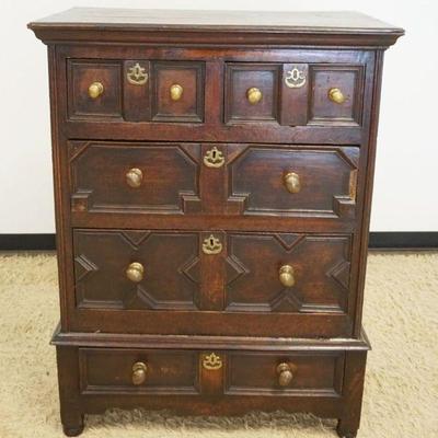 1213	ANTIQUE CONTENTIAL OAK 2 PART 5 DRAWER CHEST, APPROXIMATELY 38 IN X 23 IN X 49 IN, SOME LOSS TO TRIM
