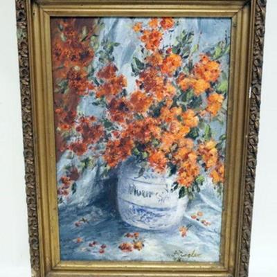 1237	OIL PAINTING ON BOARD, ARTIST SIGNED STILL LIFE, APPROXIMATELY 16 IN X 22 IN OVERALL
