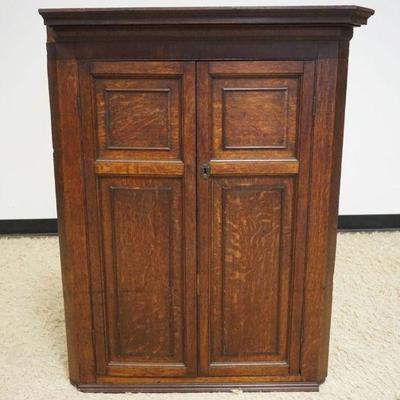 1222	ANTIQUE OAK BARREL BACK HANGING CORNER CUPBOARD, APPROXIMATELY 14 IN X 34 IN X 44 IN H, LOSS TO TRIM AND IN NEED OF RESTORATION
