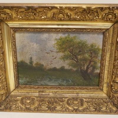 1045	ANTIQUE OIL PAINTING ON CANVAS, LANDSCAPE, APPROXIMATELY 12 IN X 10 IN OVERALL
