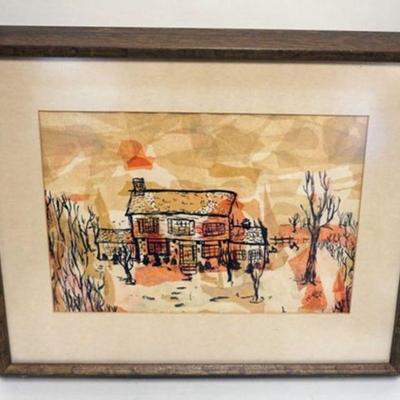 1239	MID CENTURY MODER PAINTING OF HOME SIGNED FEINSOD 1968, APPROXIMATELY 20 IN X 28 IN OVERALL
