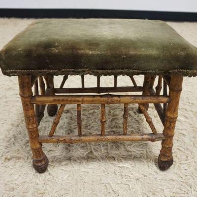 1203	SMOKED BAMBOO UPHOLSTERED FOOT STOOL, UPHOLSTRY WORN, APPROXIMATELY 15 IN X 11 IN X 13 IN
