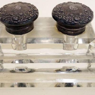 1245	GLASS INKWELL WITH STERLING SILVER TOPS, APPROXIMATELY 5 IN X 4 IN X 3 IN
