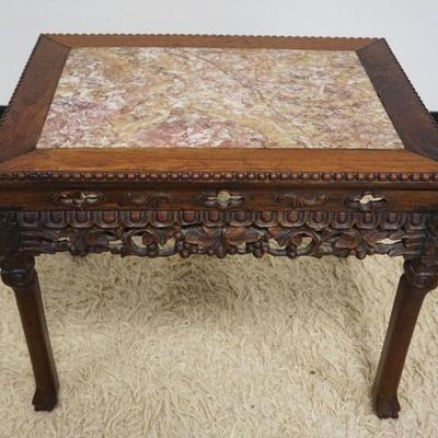 1231	ORNATE ANTIQUE CARVED ASIAN STAND WITH INSET MARBLE TOP, APPROXIMATELY 25 IN X 18 IN X 70 IN
