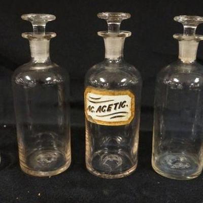 1051	ANTIQUE APOTHECARY JARS, LOT OF 5 ASSORTED, LARGEST APPROXIMATELY 8 IN, ALL WITH PONTIL MARKS ON BASE, 1 GLASS STOPPER CHIPPED
