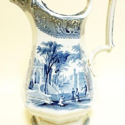 1026	BLUE AND WHITE TRANSFER PITCHER, APPROXIMATELY 12 1/2 IN H
