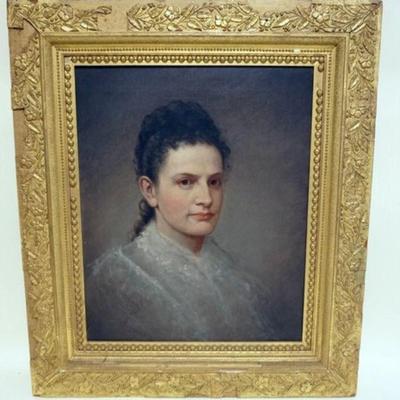 1042	OIL PAINTING ON CANVAS, PORTRAIT OF YOUNG WOMAN, APPROXIMATELY 26 IN X 30 IN OVERALL, ANOTATED ON BACK LOUISE ARMSTRONG
