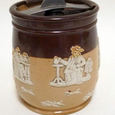 1093	ROYAL DOULTON ENGLAND TOBACCO JAR, WITH EMBOSSED TAVERN SCENES, APPROXIMATELY 6 IN H
