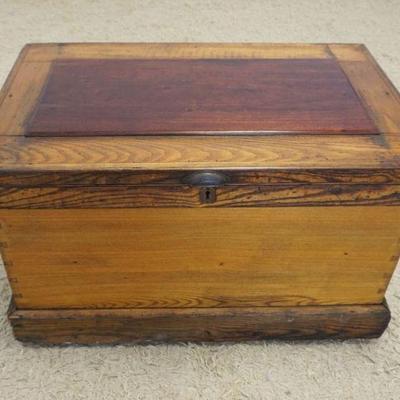 1186	ANTIQUE DOVETAILED CHESTNUT TOOL BOX WITH MAHOGANY PANEL TOP AND 8 FITTED SLIDING TRAYS INTERIOR, APPROXIMATELY 38 IN X 23 IN X 24...