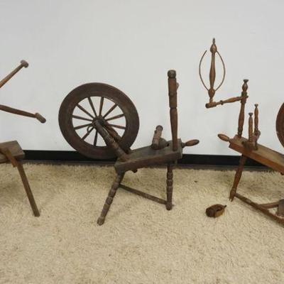 1232	GROUP OF SPINNING WHEELS AND FLAX WINDER, ALL IN NEED OF RESTORATION
