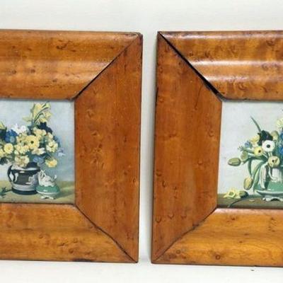 1058	PAIR OF FLORAL PRINTS IN BIRDSEYE MAPLE FRAMES, APPROXIMATELY 9 IN X 9 IN OVERALL
