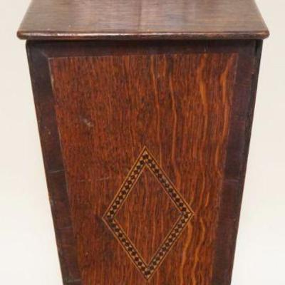 1252	ANTIQUE OAK INLAID TAPERED HANGING CANDLE BOX W/LEATHER HINGE LID, LOSS TO LEATHER, APPROXIMATELY 8 IN X 7 IN X 20 IN HIGH
