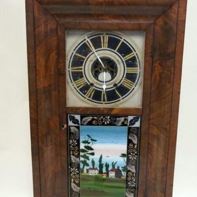 1129	OGEE WEIGHT DRIVEN SHELF CLOCK WITH REVERSE PAINTED GLASS, APPROXIMATELY 6 IN X 19 IN X 34 IN H, VENEER LOSS TO CASE
