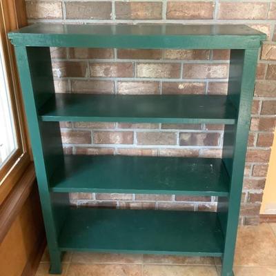 $44 painted dark green wooden shelf/bookcase 41.5"H 34"W 12.5"depth