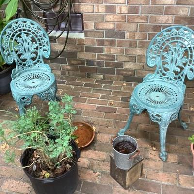 SOLD$39 for 2 light metal green tone patio chairs 32