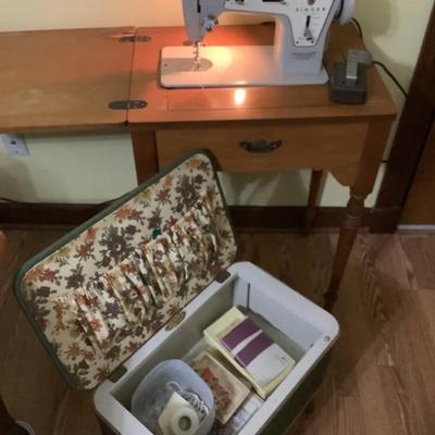 $129 Singer sewing machine model 237 foot peddle & light, sewing stool 19"H 19"W 12"depth