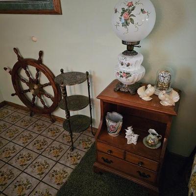 Lamp, stand and Ships wheel SOLD