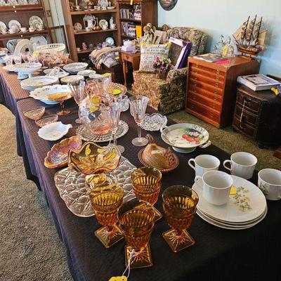 Pink depression glass and amber glass