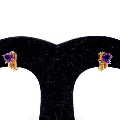 Lot 58 - 10K Yellow Gold Amethyst Heart Earrings 