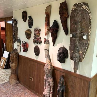 Collection of African, South American, Caribbean, and Norse Wood Face Masks 