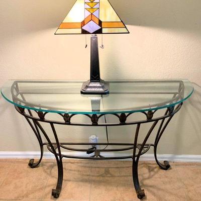 quality iron frame glass top table and Tania Bricel Tiffany-style lamp