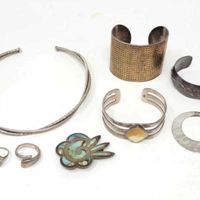 #903 â€¢ Sterling Silver Cuffs, Necklace, Rings & Pin, 159g
