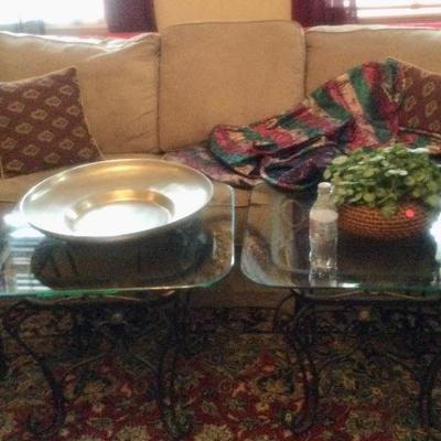 Glass topped side tables, tan sleeper sofa