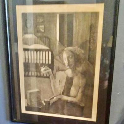 Black and white print of lady smoking