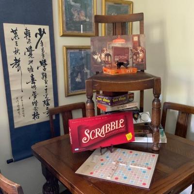 Antique card table, chairs, Asian art