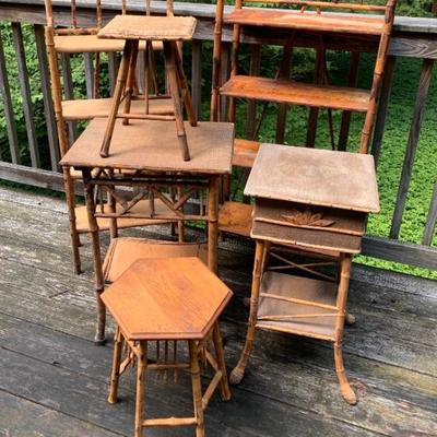 Group of antique bamboo bookcases and tables, as is.