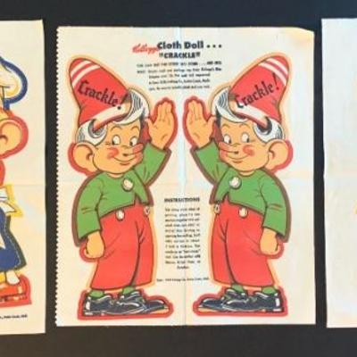 How did these survive ? Set of un-made cloth sew together Snap, Crackle and Pop  Kelloggâ€™s cereal characters., dated 1948
