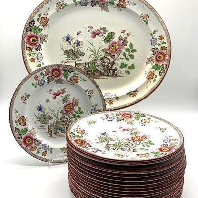 18 antique Wedgwood â€œEastern Flowersâ€ plates and oval serving platter